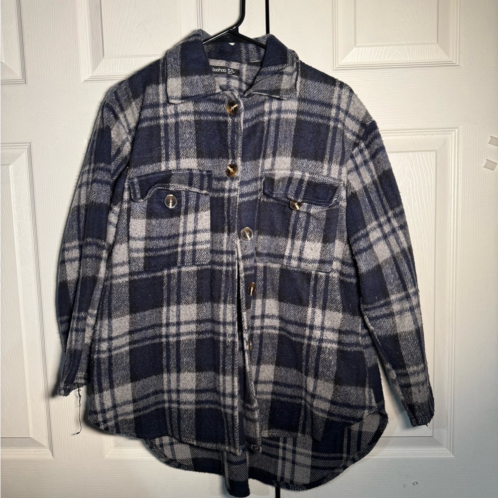 Boohoo Navy and Gray Plaid Shacket